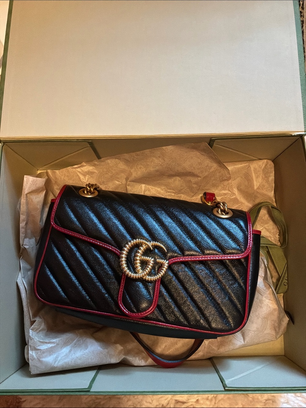 Gucci Maremont Black Quilted Shoulder Bag with Red Trim and Gold Hardware